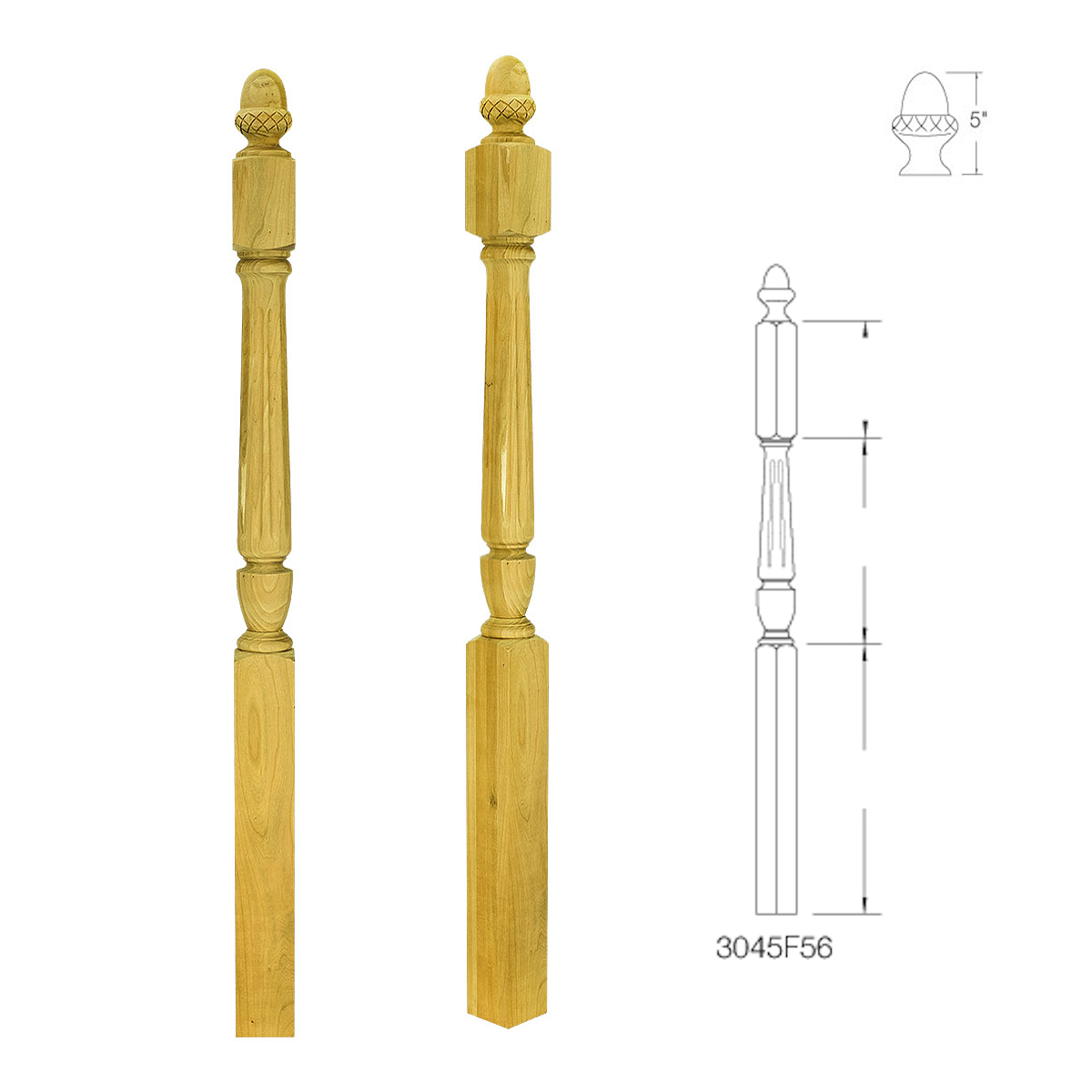 3045F56 FLUTED SQUARE BASE NEWEL ACORN TOP
