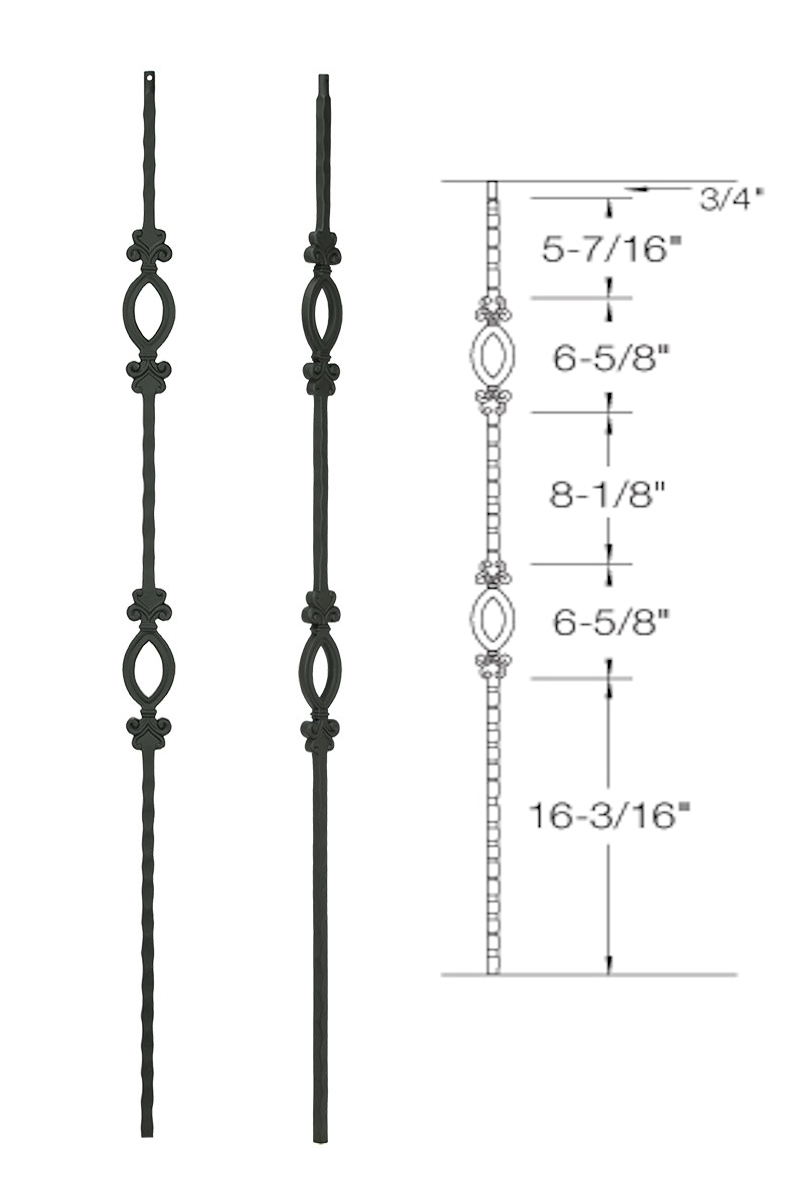 T96 Iron Baluster ⋅ Hammered Edge: Double Oval ⋅ 1/2" Square