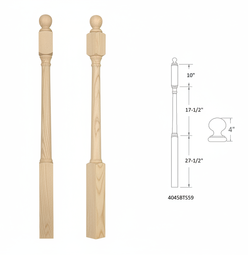 4045BTS59 Ball Top Square Base Newel SHORT TURNING
