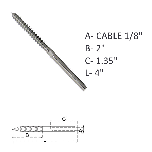 LAGSTUDRH18 Stainless Steel • Stealth Cable Components • Lag Stud (RH thread)
