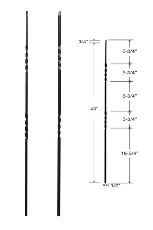 T13 Iron Baluster ⋅ Double 360 Degree Twist ⋅ 1/2" Square