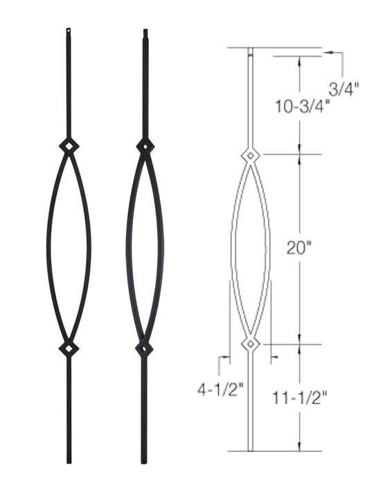T16 Iron Baluster ⋅ Pointed Oval ⋅ 1/2" Square