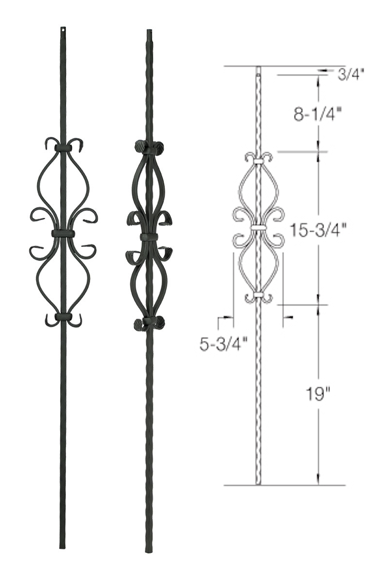 T35 Iron Baluster ⋅ Hammered Edge: "Hour Glass" Scroll ⋅ 1/2" Square