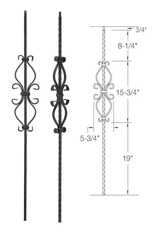 T35 Iron Baluster ⋅ Hammered Edge: "Hour Glass" Scroll ⋅ 1/2" Square