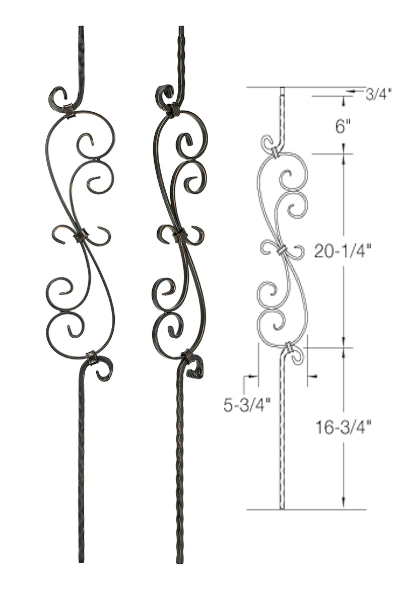 T36 Iron Baluster ⋅ Hammered Edge: "S" Scroll ⋅ 1/2" Square