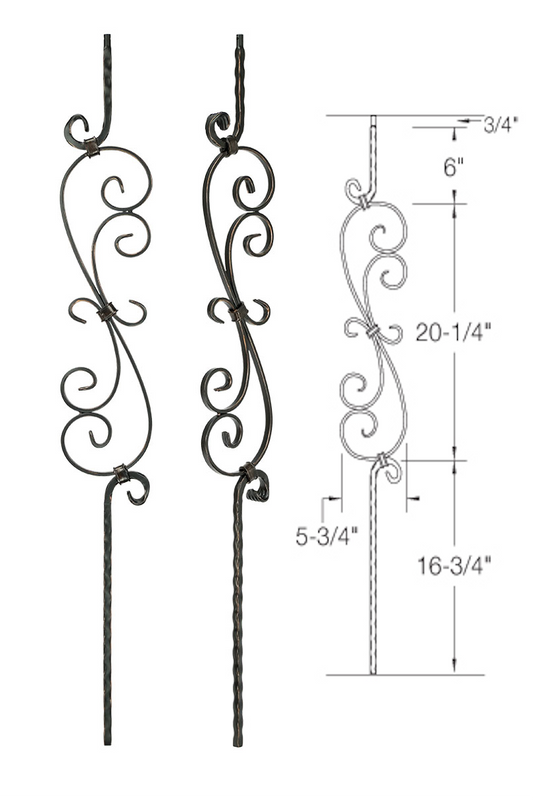 T36 Iron Baluster ⋅ Hammered Edge: "S" Scroll ⋅ 1/2" Square