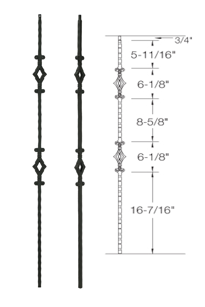 T94 Iron Baluster ⋅ Hammered Edge: Double Diamond ⋅ 1/2" Square
