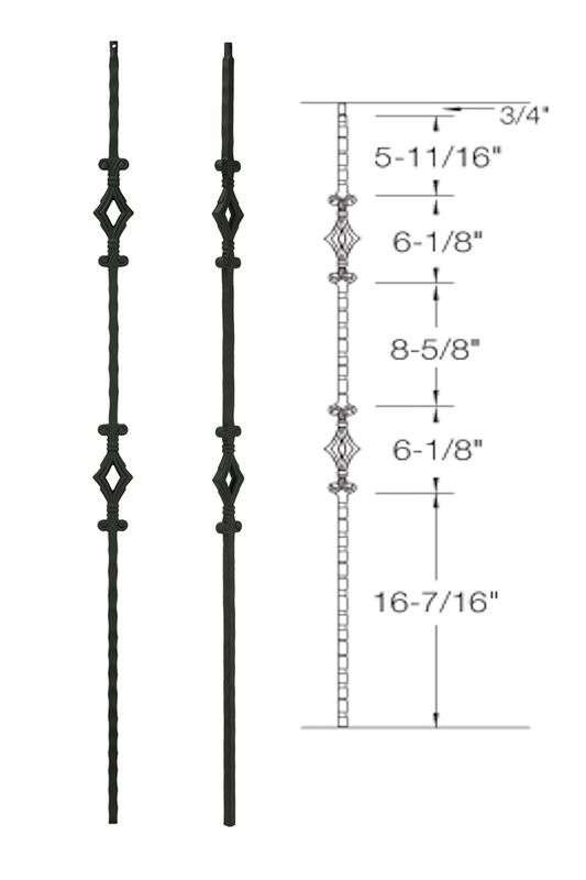 T94 Iron Baluster ⋅ Hammered Edge: Double Diamond ⋅ 1/2" Square